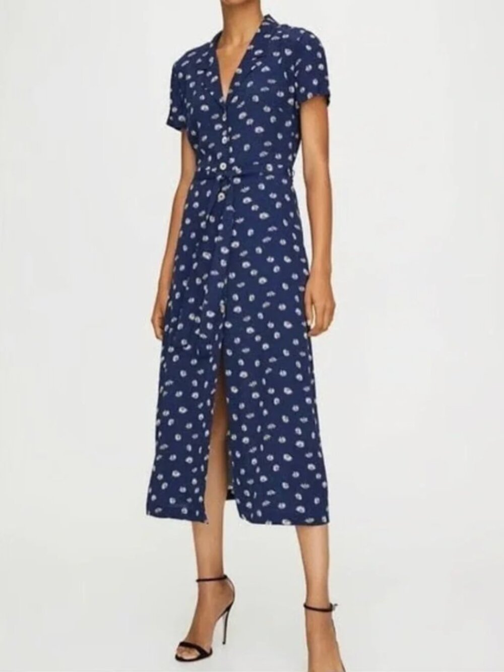 NWT Aritzia Wilfred Button Front Shirt Midi Dress Navy Floral Daisy Print XS